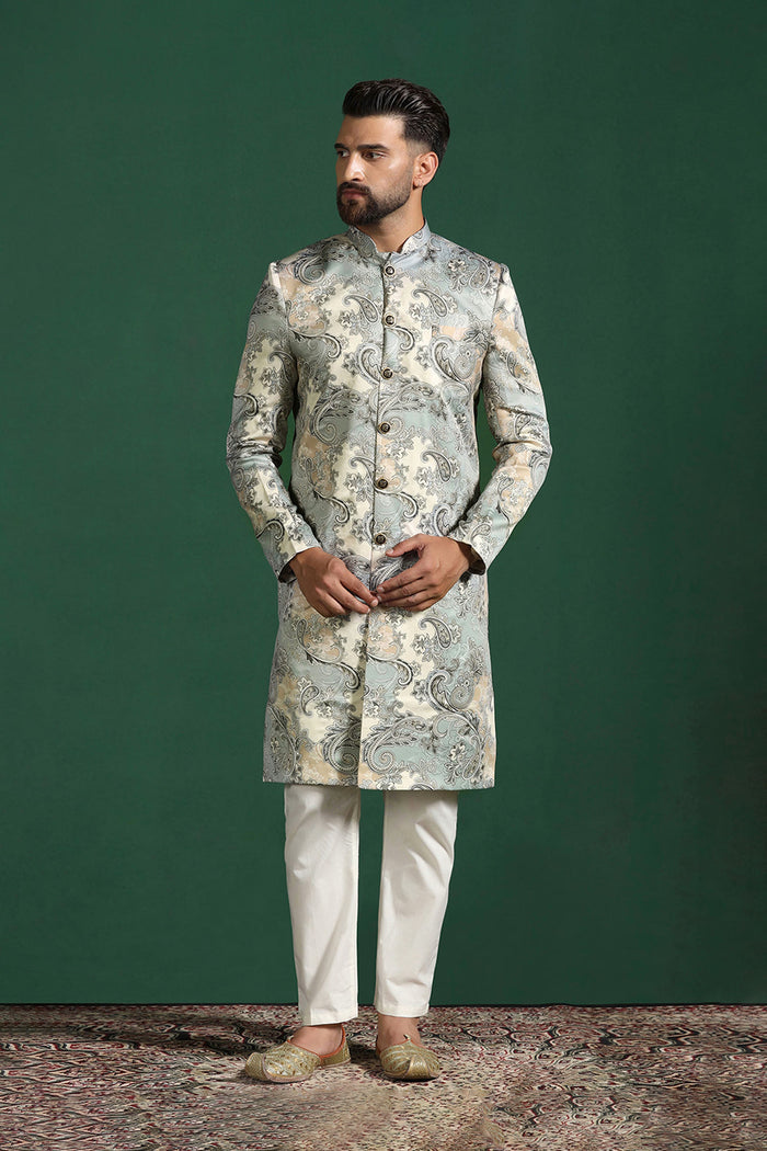 Ash Grey And White Cotton Blend Printed Sherwani Set