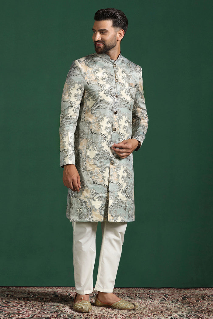 Ash Grey And White Cotton Blend Printed Sherwani Set