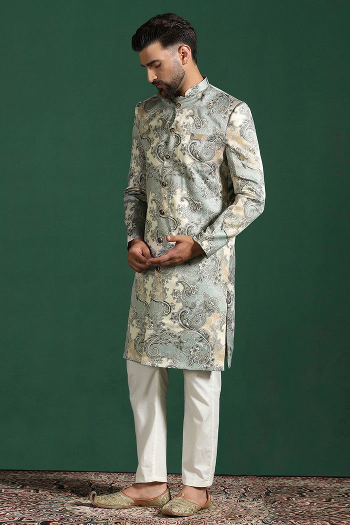 Ash Grey And White Cotton Blend Printed Sherwani Set