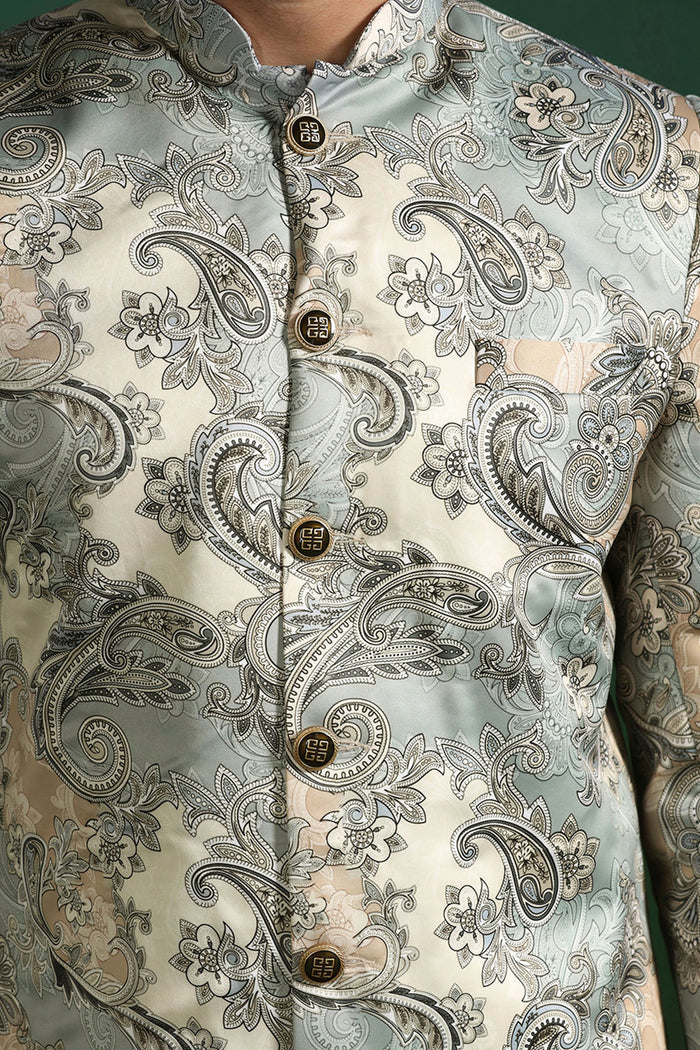 Ash Grey And White Cotton Blend Printed Sherwani Set