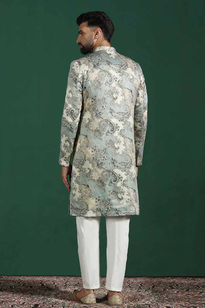 Ash Grey And White Cotton Blend Printed Sherwani Set