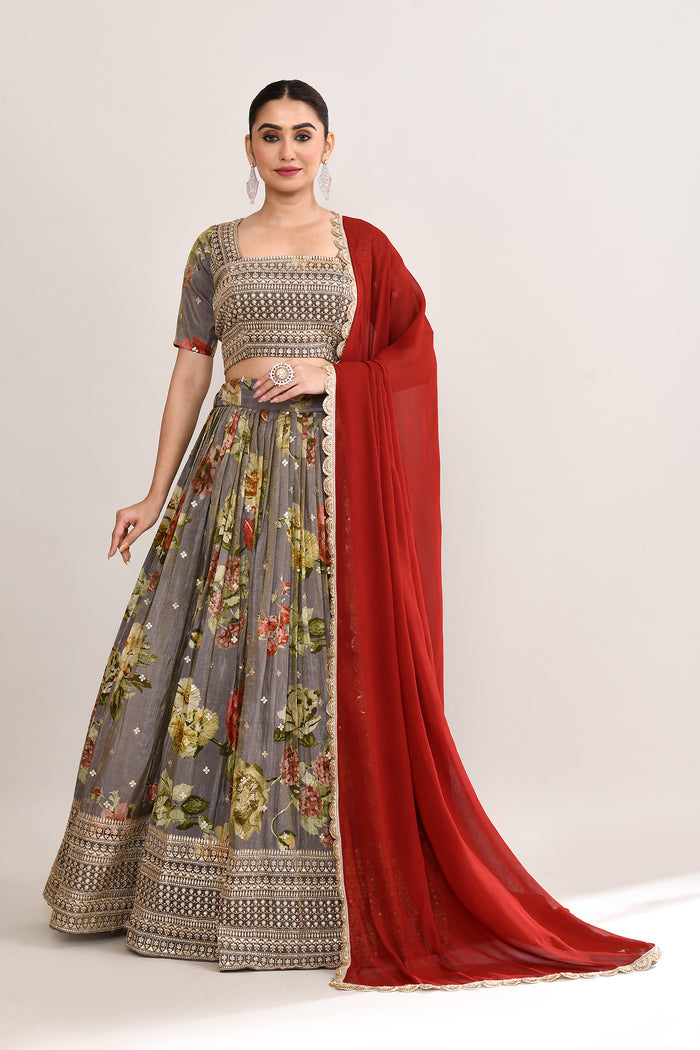 Ash Grey Satin Crepe Floral Printed Lehenga Set