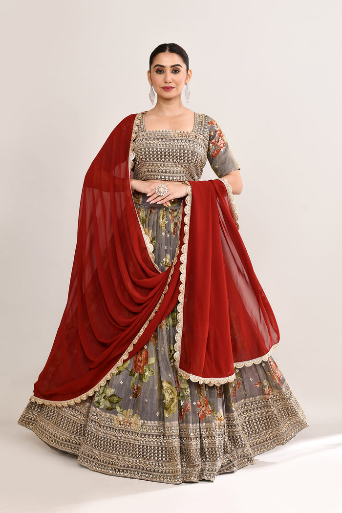 Ash Grey Satin Crepe Floral Printed Lehenga Set