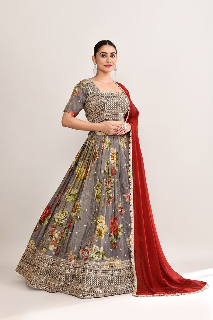 Ash Grey Satin Crepe Floral Printed Lehenga Set