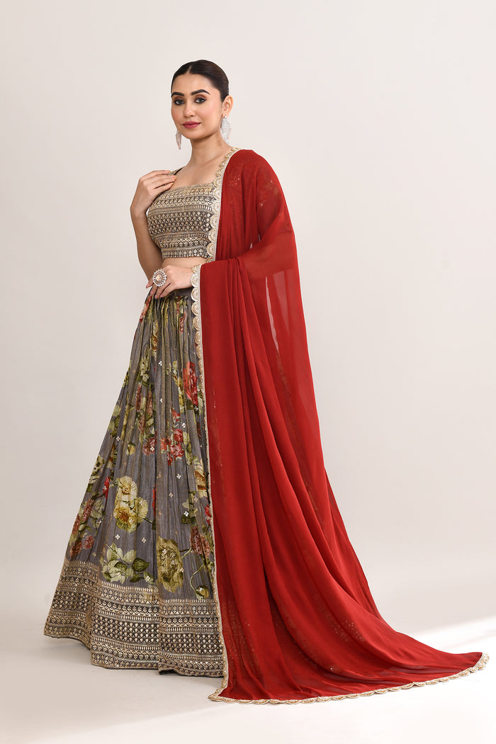 Ash Grey Satin Crepe Floral Printed Lehenga Set