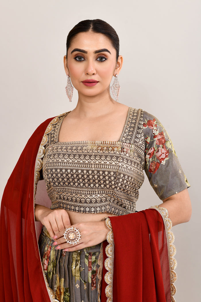 Ash Grey Satin Crepe Floral Printed Lehenga Set