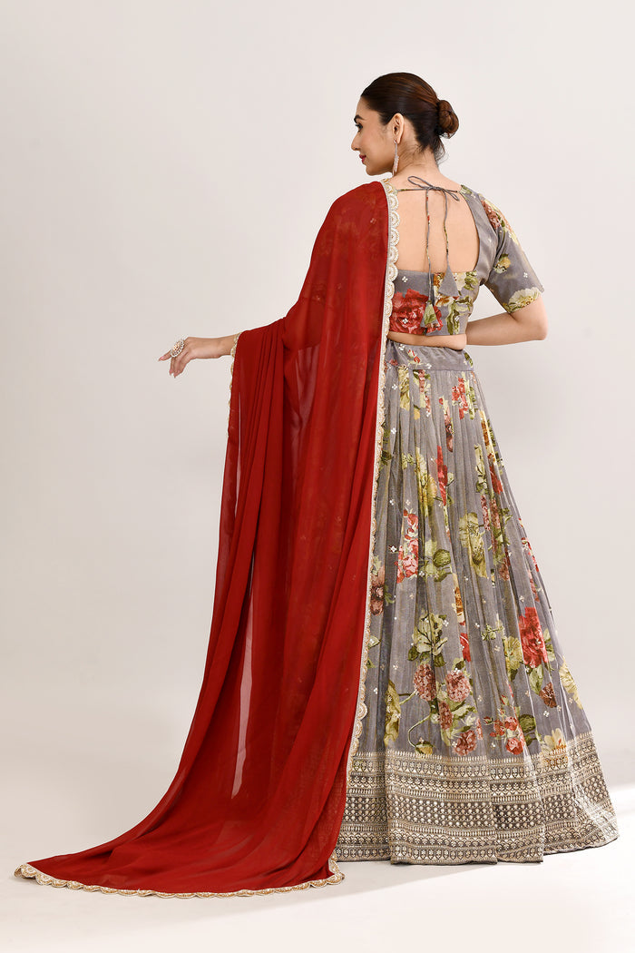 Ash Grey Satin Crepe Floral Printed Lehenga Set