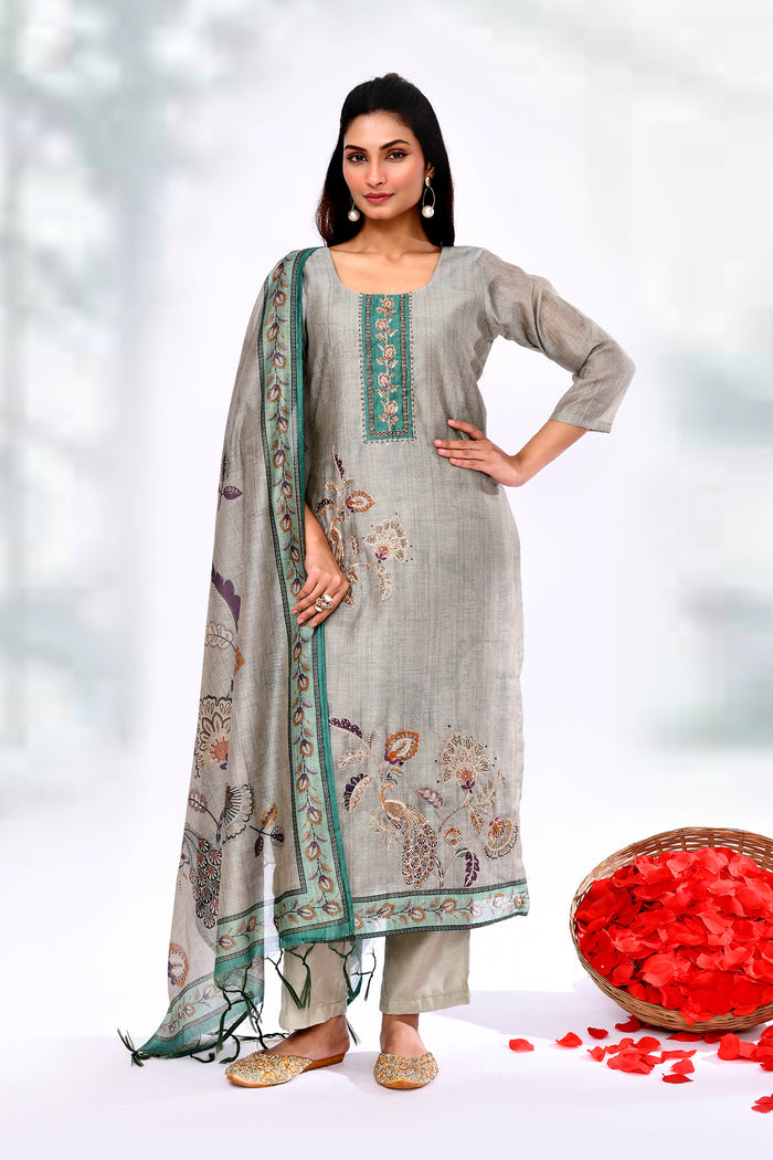 Ash Grey Tussar Silk Floral Printed Kurta Set