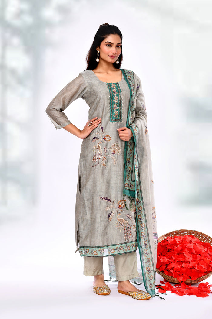 Ash Grey Tussar Silk Floral Printed Kurta Set