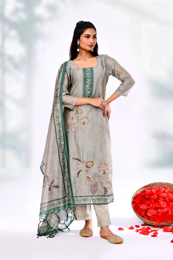 Ash Grey Tussar Silk Floral Printed Kurta Set