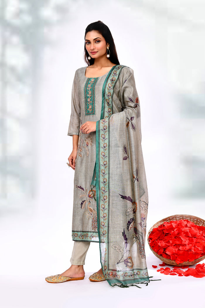 Ash Grey Tussar Silk Floral Printed Kurta Set