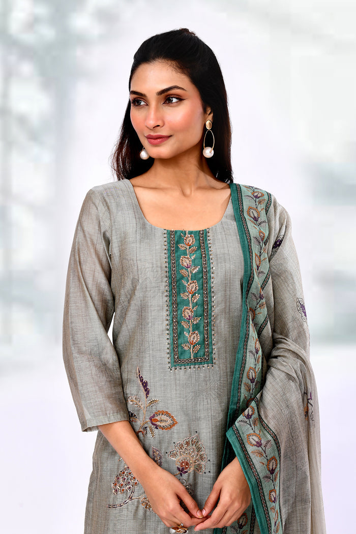 Ash Grey Tussar Silk Floral Printed Kurta Set