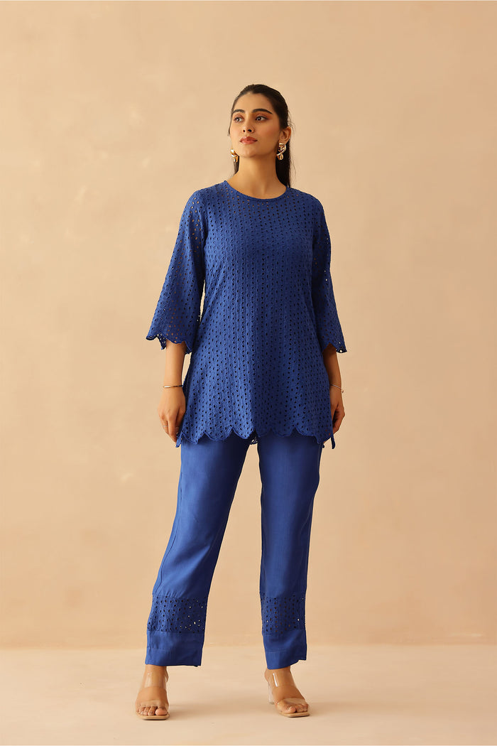 <img> Aster Blue Cotton Cut Work Co-Ord Set