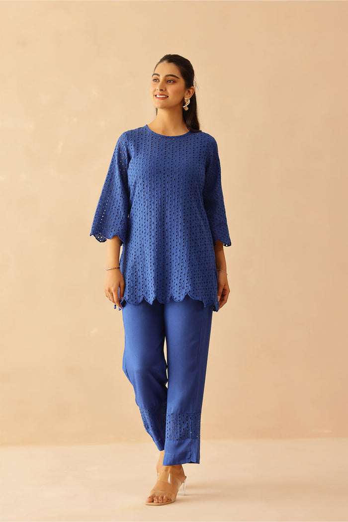 <img> Aster Blue Cotton Cut Work Co-Ord Set