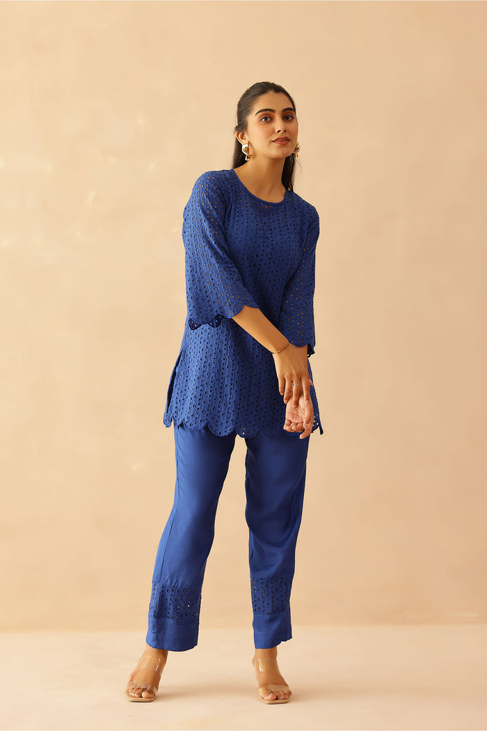 <img> Aster Blue Cotton Cut Work Co-Ord Set