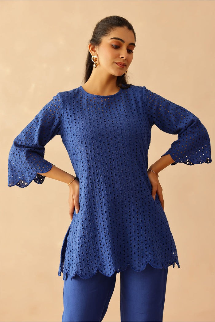 <img> Aster Blue Cotton Cut Work Co-Ord Set