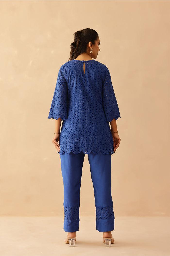 <img> Aster Blue Cotton Cut Work Co-Ord Set