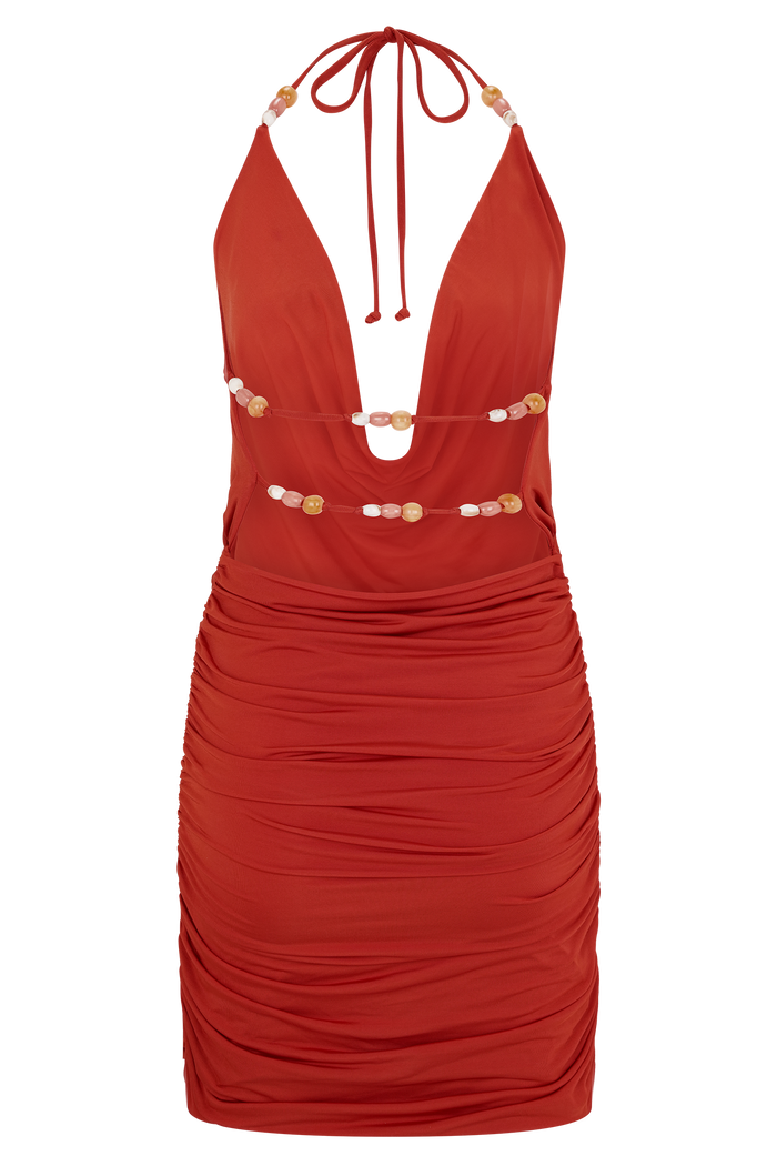 Astraeus Beaded Cowl Mini Dress - Desert Red
