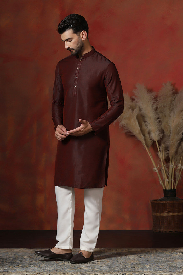 Aubergine Brown Solid Dupion Kurta Set