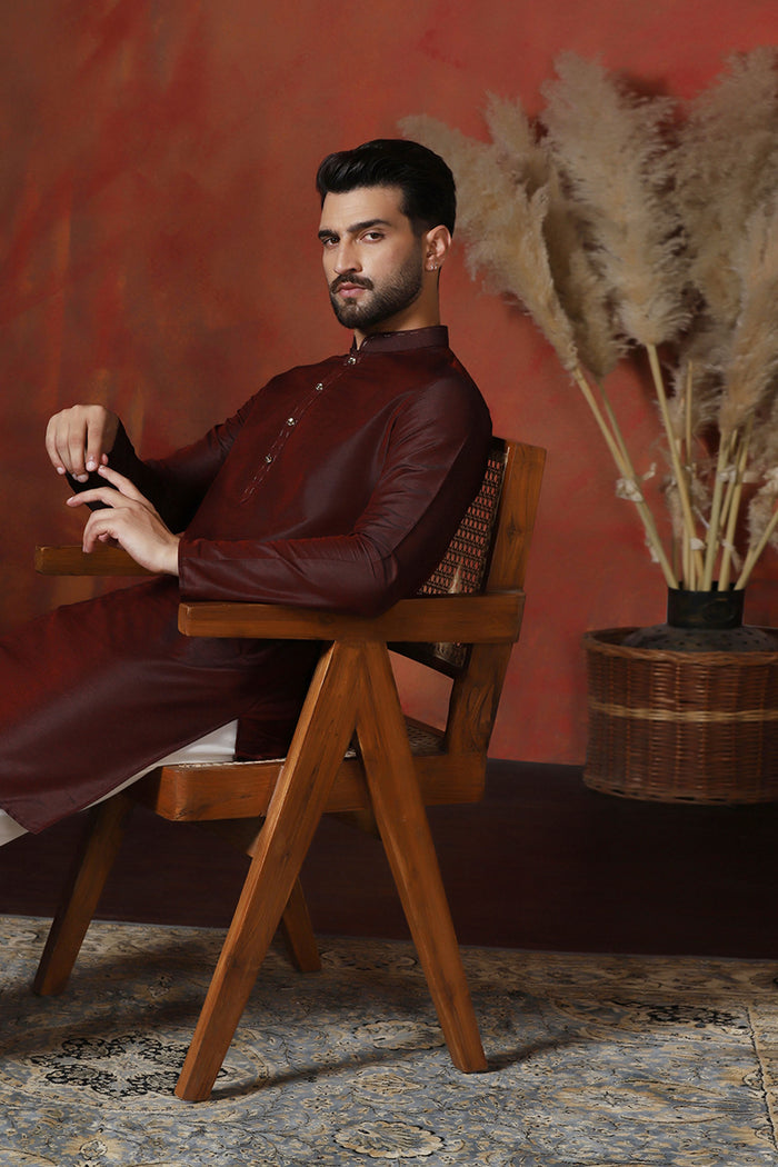 Aubergine Brown Solid Dupion Kurta Set