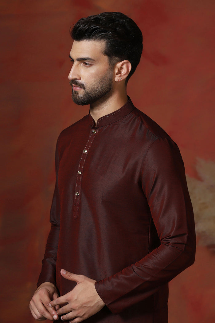 Aubergine Brown Solid Dupion Kurta Set