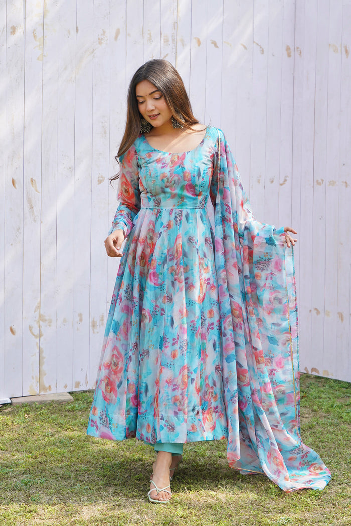 Azure Blue Organza Floral Printed Anarkali Set