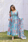 Azure Blue Organza Floral Printed Anarkali Set