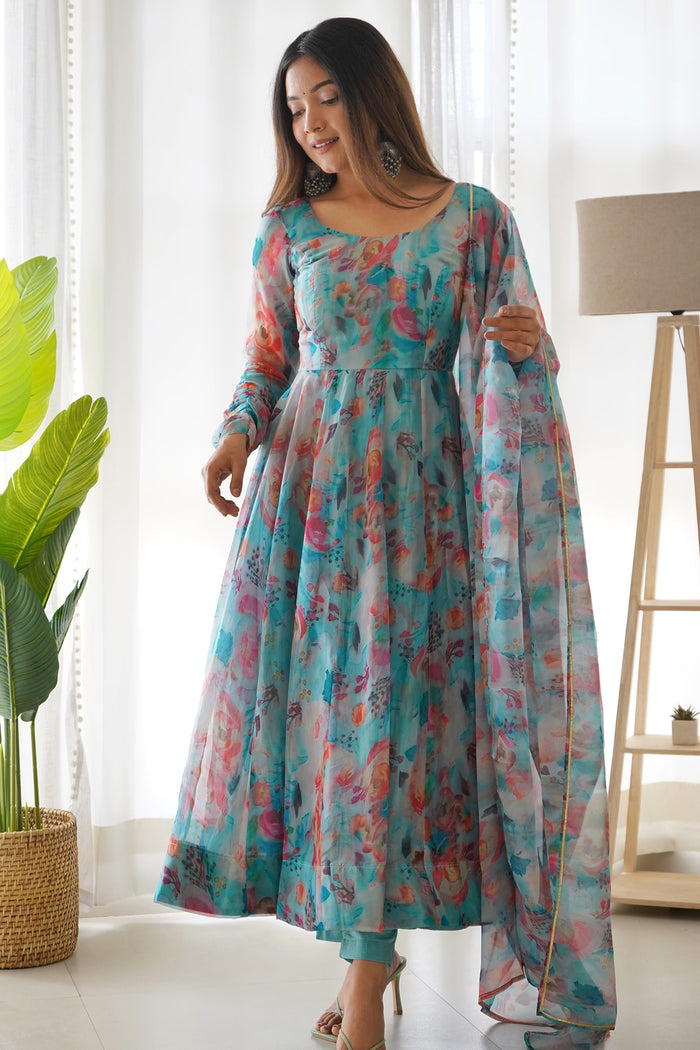 Azure Blue Organza Floral Printed Anarkali Set