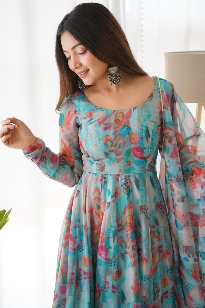 Azure Blue Organza Floral Printed Anarkali Set