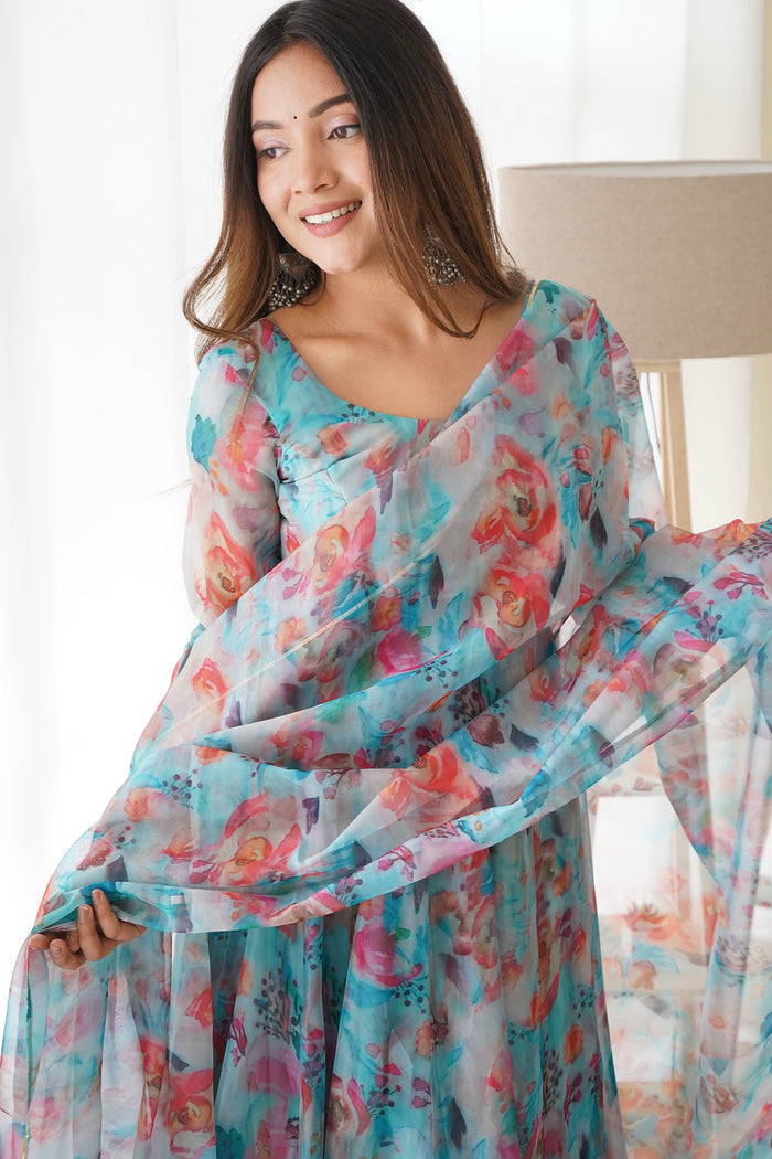 Azure Blue Organza Floral Printed Anarkali Set