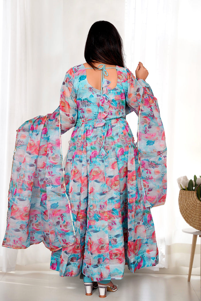 Azure Blue Organza Floral Printed Anarkali Set