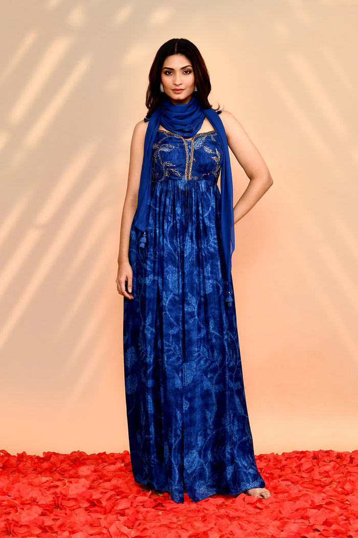Azure Blue Satin Silk Floral Printed Anarkali Set