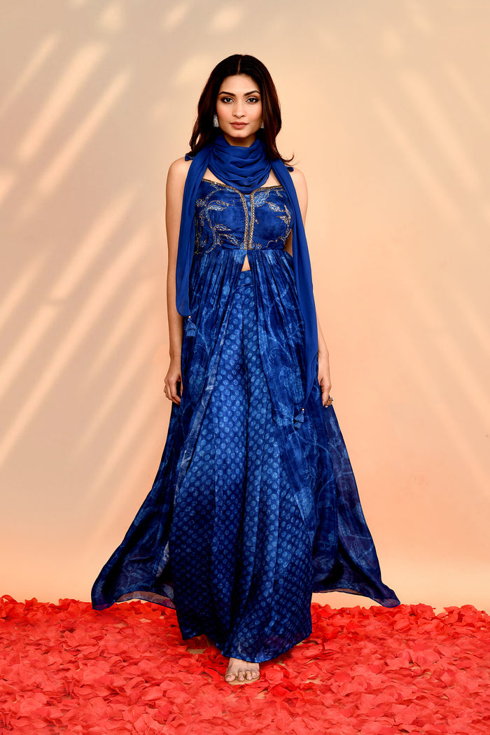Azure Blue Satin Silk Floral Printed Anarkali Set