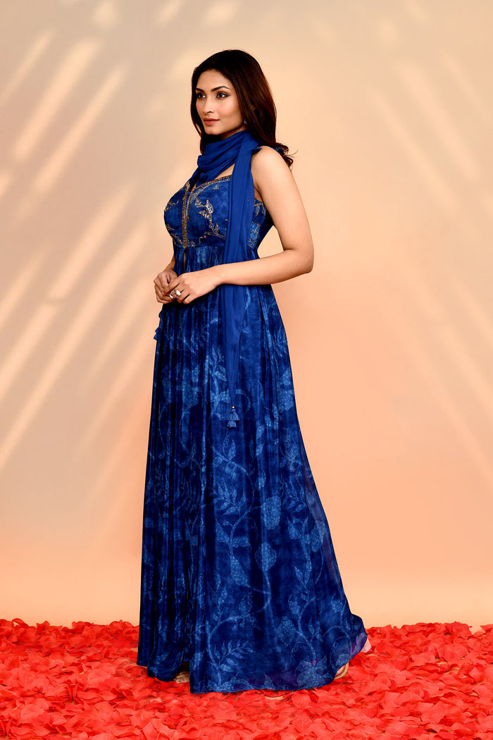 Azure Blue Satin Silk Floral Printed Anarkali Set