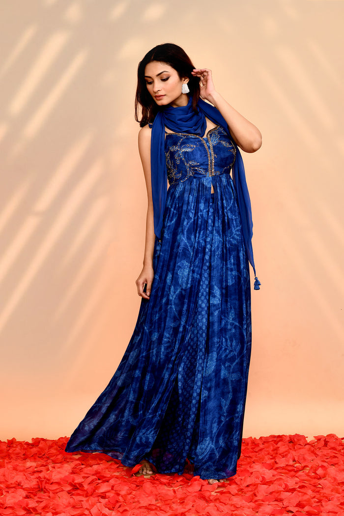 Azure Blue Satin Silk Floral Printed Anarkali Set