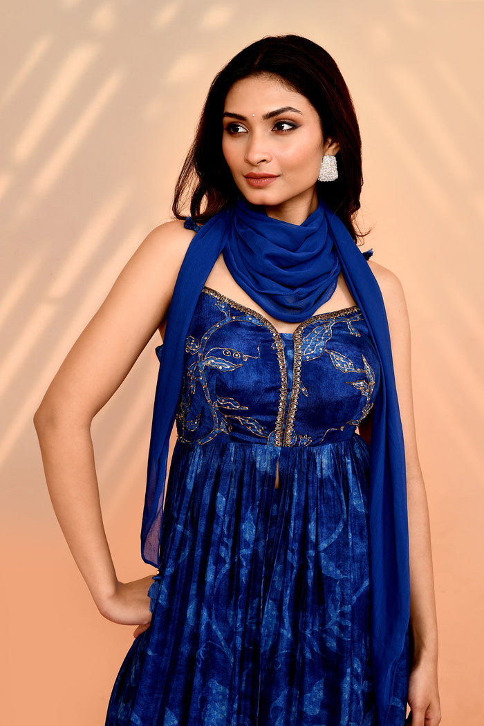 Azure Blue Satin Silk Floral Printed Anarkali Set