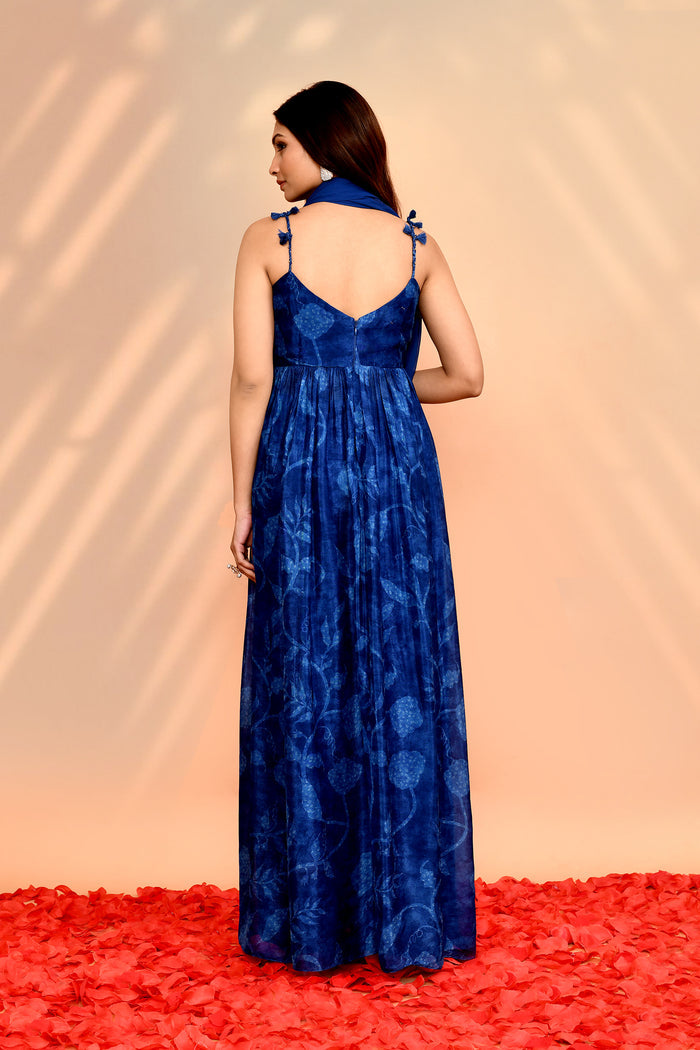 Azure Blue Satin Silk Floral Printed Anarkali Set