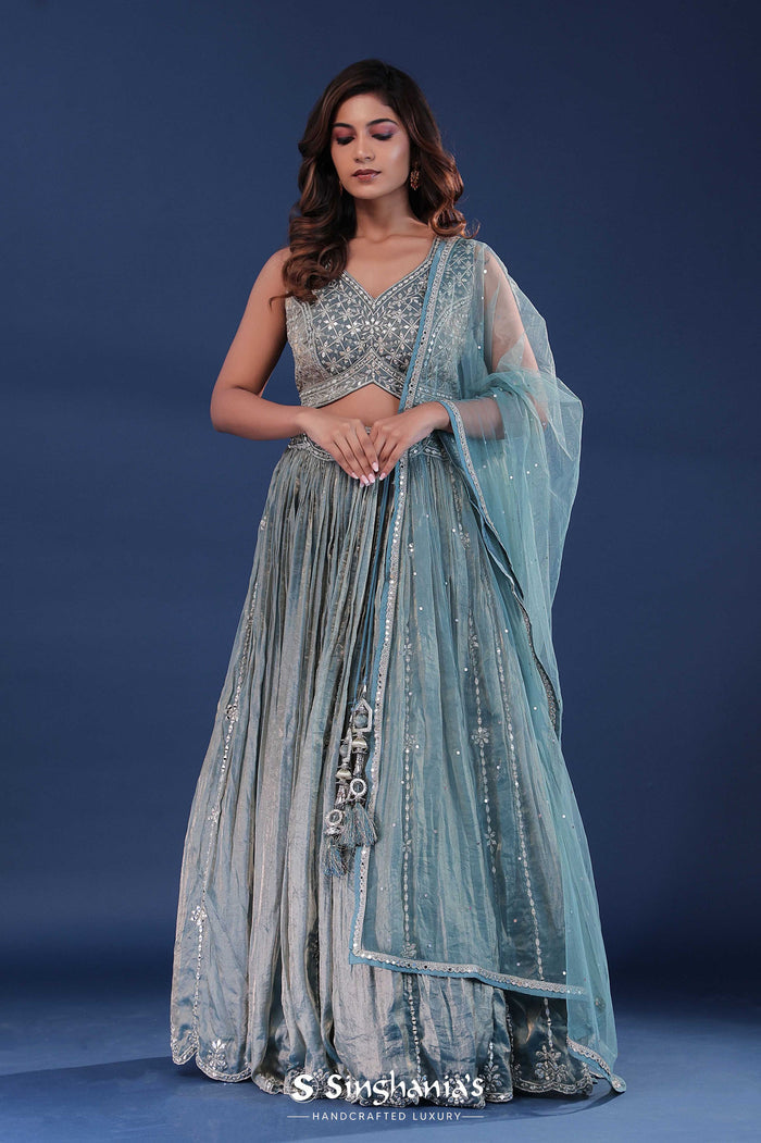 <img> Baby Blue Organza Lehenga Set With Mirror Work