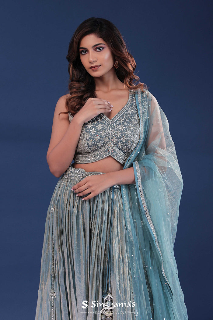 <img> Baby Blue Organza Lehenga Set With Mirror Work