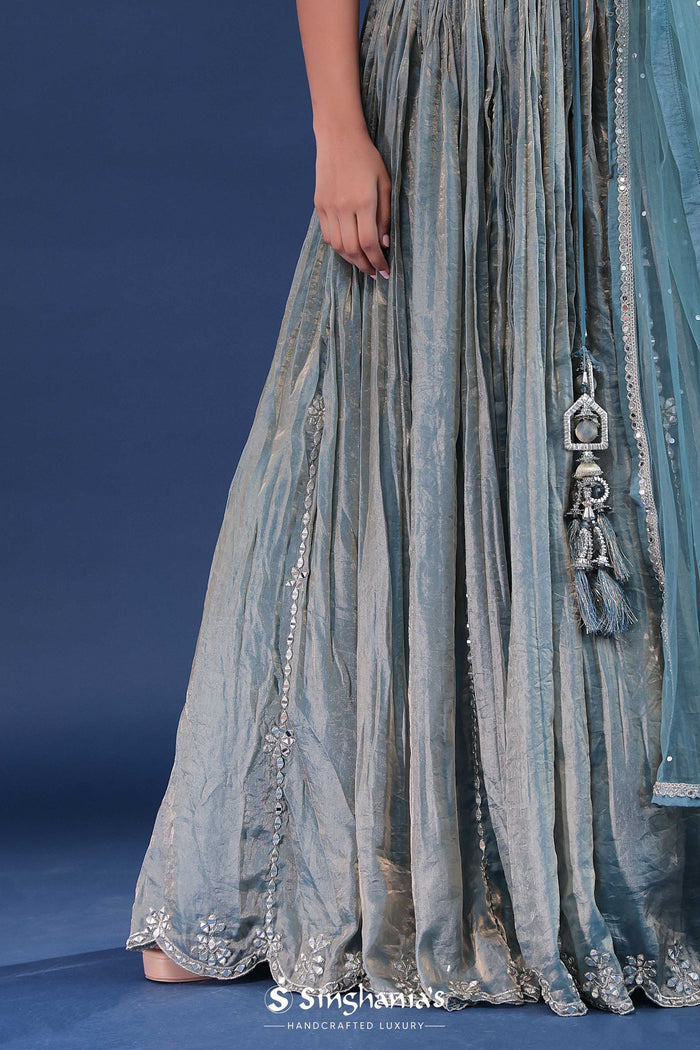 <img> Baby Blue Organza Lehenga Set With Mirror Work