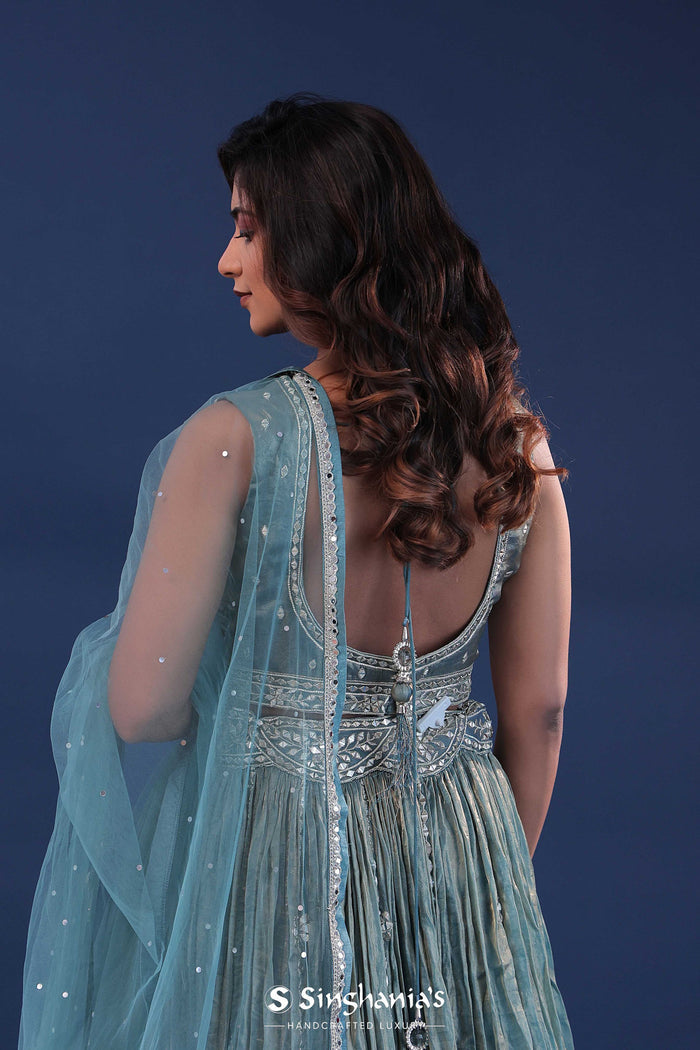 <img> Baby Blue Organza Lehenga Set With Mirror Work