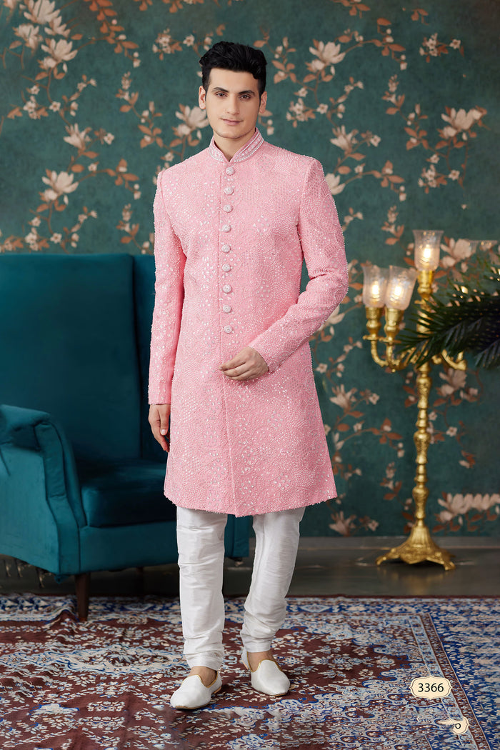 Baby Pink Art Silk Sherwani Set