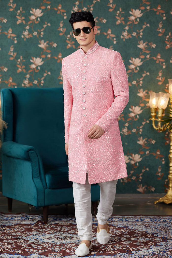 Baby Pink Art Silk Sherwani Set