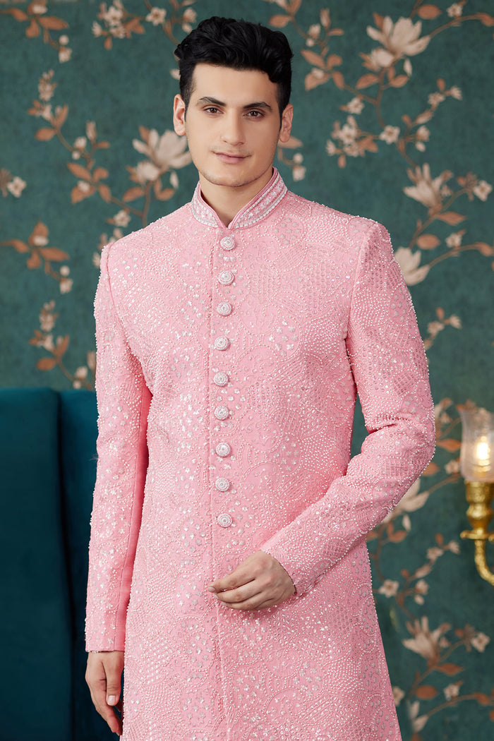 Baby Pink Art Silk Sherwani Set