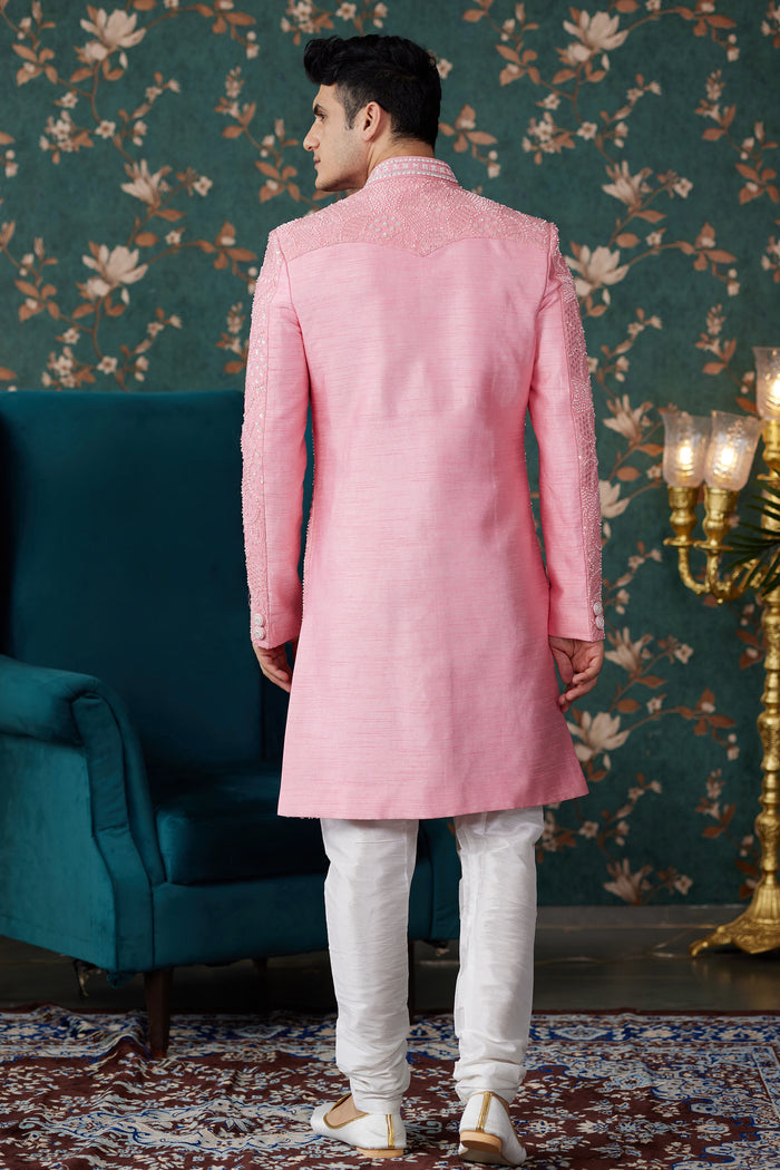 Baby Pink Art Silk Sherwani Set