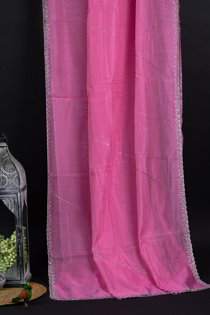 Baby Pink Embroidered Chanderi Saree