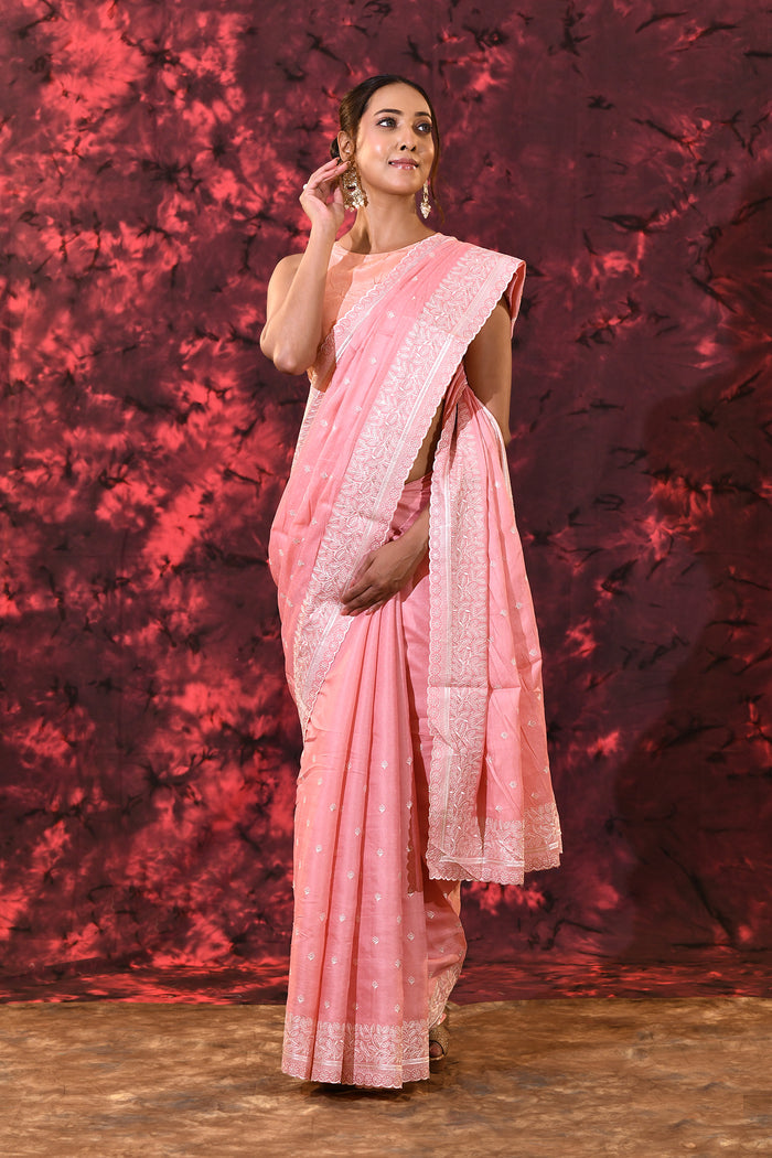 Baby Pink Floral Embroidered Silk Blend Saree