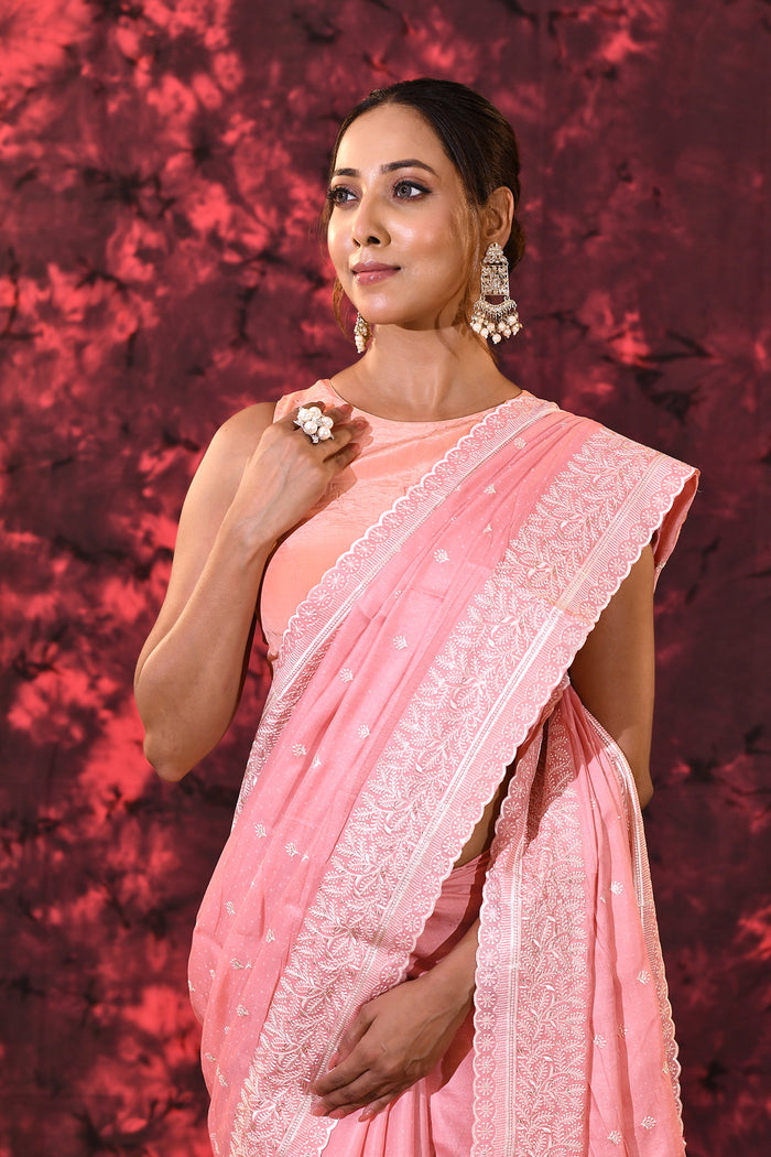 Baby Pink Floral Embroidered Silk Blend Saree