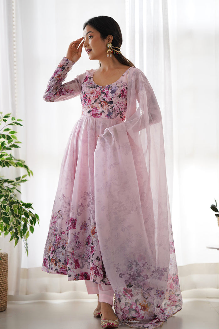 Baby Pink Organza Floral Printed Anarkali Set