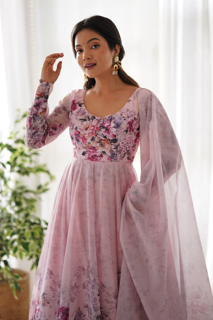 Baby Pink Organza Floral Printed Anarkali Set